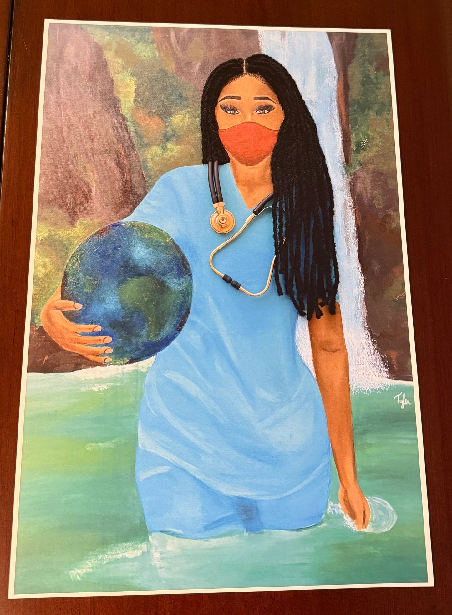 Survival art print, woman with natural hair carrying the globe in water, healthcare worker tribute