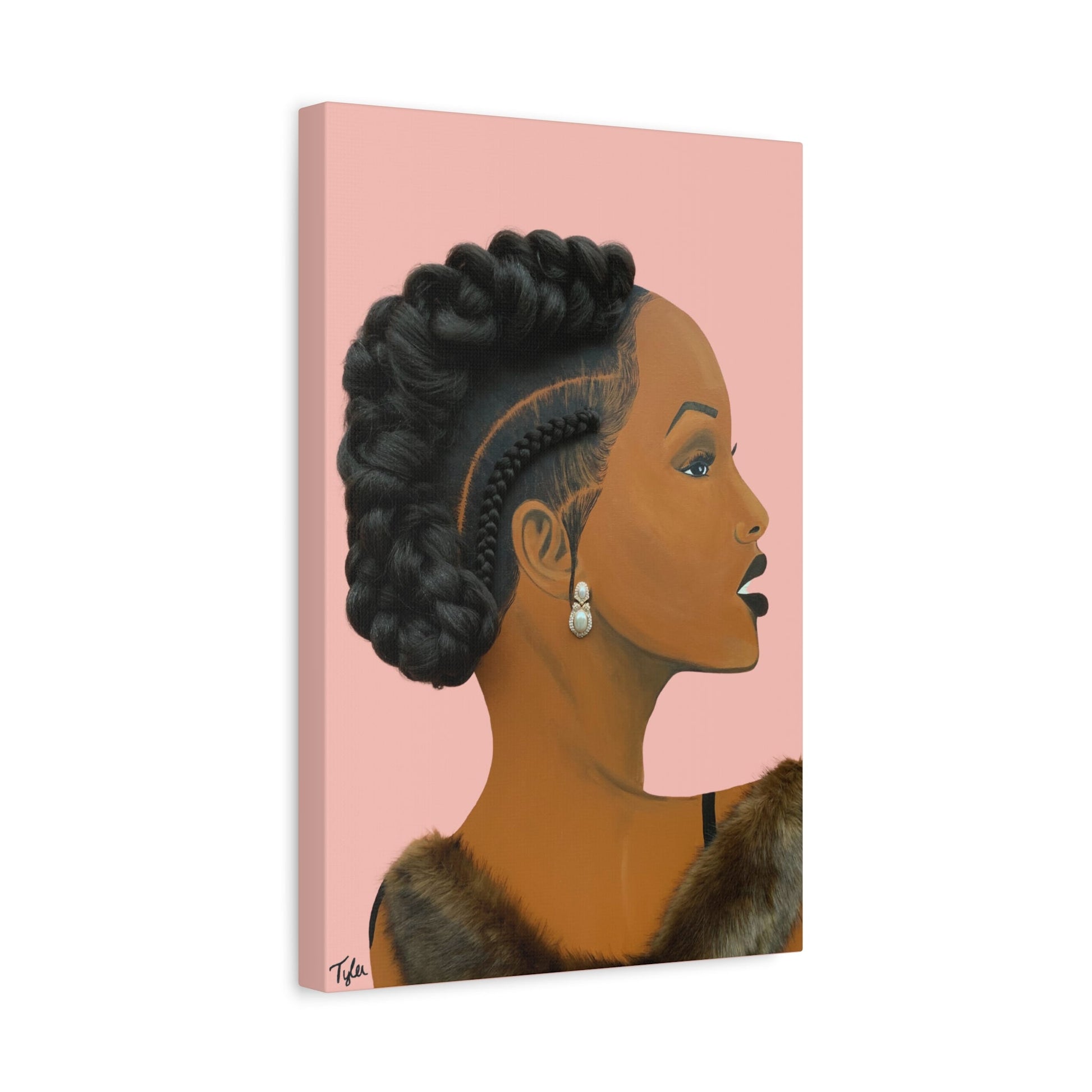 Elegant 2D canvas print, Black woman portrait celebrating natural hair and elegance