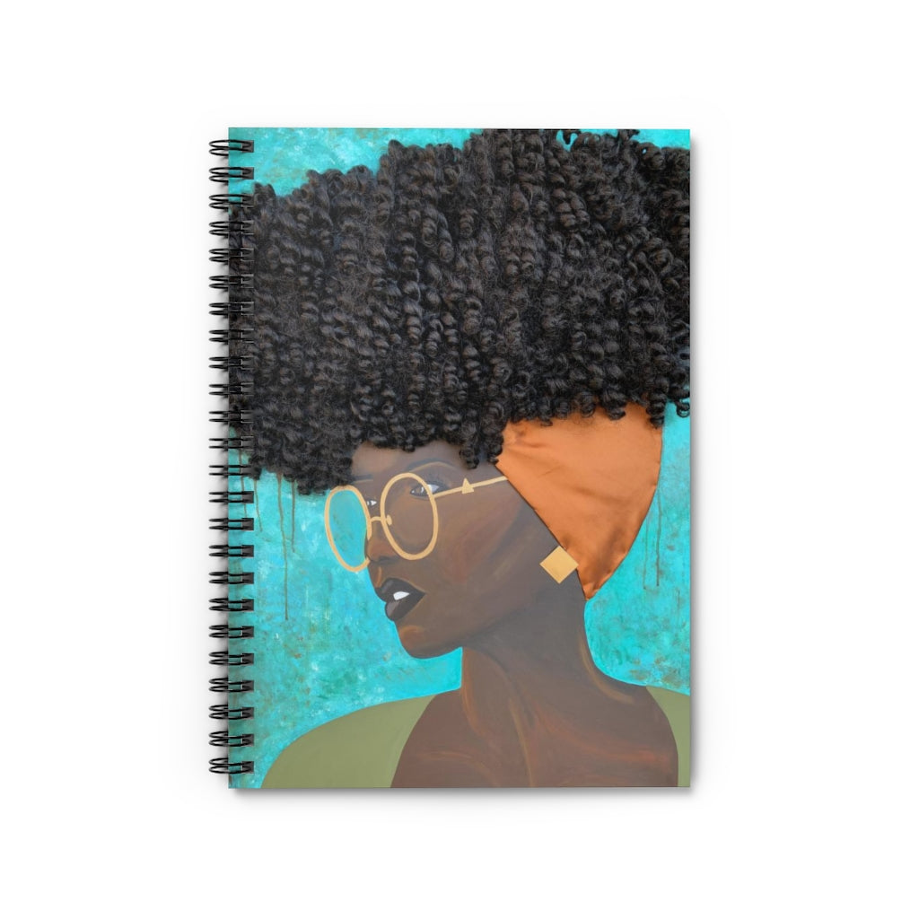 notebook, journal, stationary, paper, art, Dreamer 3D Hair Art Blue background with curly hair and an orange head scarf with gold jewelry, and glasses. Black art, 3D Hair art, natural hair art