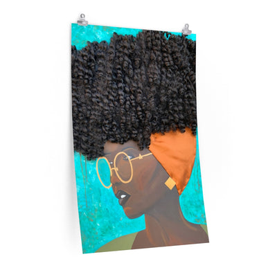 print, decor, home, art, Dreamer 3D Hair Art Blue background with curly hair and an orange head scarf with gold jewelry, and glasses. Black art, 3D Hair art, natural hair art