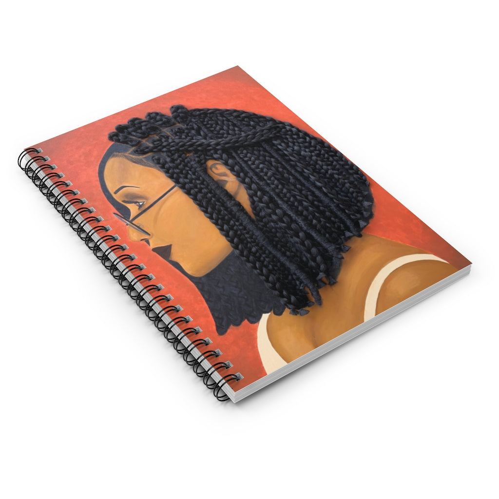 Notebook, journal, stationary, paper, Harmony 3D Hair Art Orange background with asymmetrical box braids and glasses. Black art, 3D Hair art, natural hair art