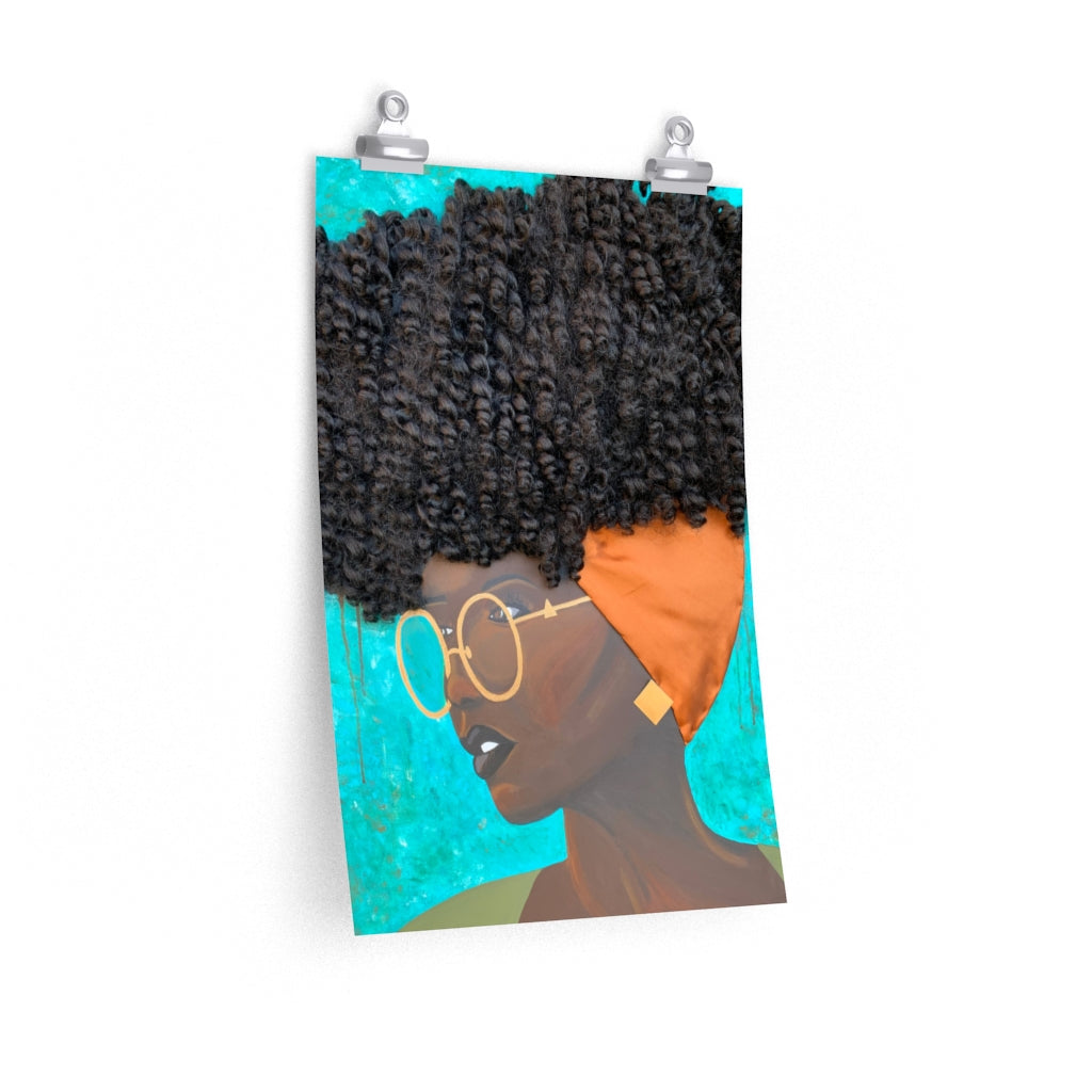 print, decor, home, art, Dreamer 3D Hair Art Blue background with curly hair and an orange head scarf with gold jewelry, and glasses. Black art, 3D Hair art, natural hair art