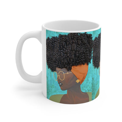 mug, cup, coffee mug, tea cup, art, Dreamer 3D Hair Art Blue background with curly hair and an orange head scarf with gold jewelry, and glasses. Black art, 3D Hair art, natural hair art